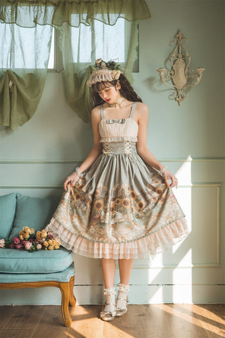 Japanese Sweet Kawaii Jsk Lolita Dress Women Vintage Victorian Sunflower Story Jsk Cartoon Summer Bow Fresh Tea Party Dresses ALODIA STORE