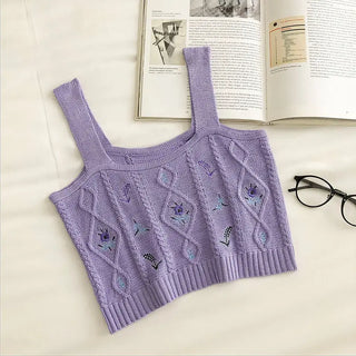Flowers Embroidery Suspender Korean V-Neck Knitting Sweet Elastic Vintage Students Cute Summer Women Knot CropTops ALODIA STORE