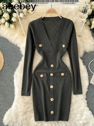 Women Knitted Pencil Dress Korean Long Sleeve V Neck Elastic Slim Dress ALODIA STORE
