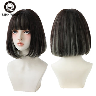 7JHH WIGS Short Bob Straight Ombre Blonde Wigs With Bang For Girl Black Female Synthetic Shoulder Length Crochet Hair Ginger Wig ALODIA STORE