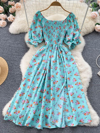 YuooMuoo Romantic Floral Print Split Long Summer Dress Puff Sleeve Party Korean style ALODIA STORE