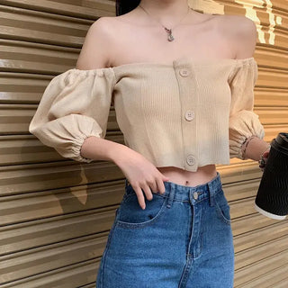 Off Shoulder Woman Tshirts French Puff Sleeve Short Croptop Korean Belly Button Exposed Sexy Shirt Summer Vintage Soild Y2k Tops ALODIA STORE