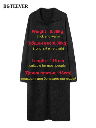 BGTEEVER Casual Thicken Warm Loose Sweater Dress Women Autumn Winter Lapel Full Sleeve Solid Long Knitted Dress Female vestidos ALODIA STORE