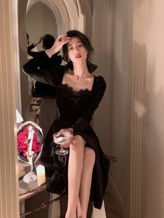 2022 Autumn Slim Black Velvet Dress Casual Korean Fashion ALODIA STORE