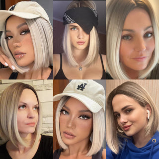 Ombre Brown Platinum Blonde Synthetic Wigs Short Straight Bob Wigs for Black Women Daily Natural Heat Resistant Hair Cosplay ALODIA STORE