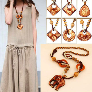 Boho Jewelry Ethnic Style Long Hand Made Bead Wood Elephant Pendant Necklace Sweater Chain For Women Fashion Neck Jewelry Gift Alodia Store