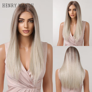 HENRY MARGU Long Straight Lace Front Synthetic Wigs Brown Blonde Platinum Wigs for White Women Middle Part Daily Heat Resistant ALODIA STORE
