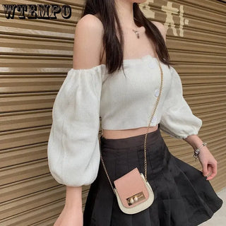 Off Shoulder Woman Tshirts French Puff Sleeve Short Croptop Korean Belly Button Exposed Sexy Shirt Summer Vintage Soild Y2k Tops ALODIA STORE