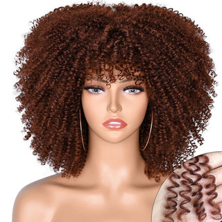 Short Afro Kinky Curly Wig With Bangs For Black Women Cosplay Lolita Natural Hair Ombre Mixed Brown Synthetic African Wigs ALODIA STORE