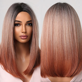 Ombre Brown Platinum Blonde Synthetic Wigs Short Straight Bob Wigs for Black Women Daily Natural Heat Resistant Hair Cosplay ALODIA STORE