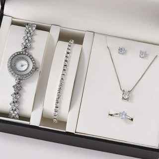 6PCS Set Luxury Watch Women Ring Necklace Earrings Rhinestone Fashion Wristwatch Female Casual Ladies Watches Bracelet Set Clock ALODIA STORE