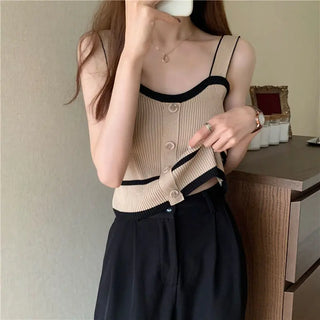 Fashion Summer Halter Off Shoulder Knitted Korean Sport Tank Crop Ribber Y2k Ropa De Mujer Croptop Cami Button Patchwork Ins Top ALODIA STORE