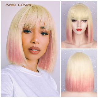 AISI HAIR Synthetic Ombre Orange Wig Short Straight Middle Part Bob Wig for Women Natural Yellow/Red Wigs Heat Resistant Fiber ALODIA STORE