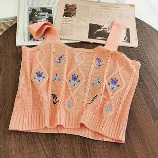 Flowers Embroidery Suspender Korean V-Neck Knitting Sweet Elastic Vintage Students Cute Summer Women Knot CropTops ALODIA STORE