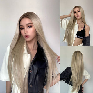 HENRY MARGU Long Straight Lace Front Synthetic Wigs Brown Blonde Platinum Wigs for White Women Middle Part Daily Heat Resistant ALODIA STORE