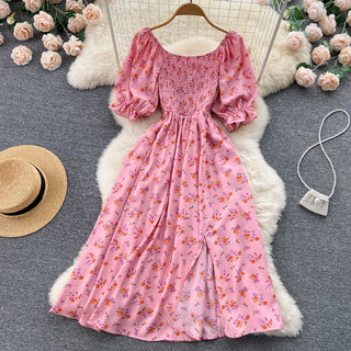 YuooMuoo Romantic Floral Print Split Long Summer Dress Puff Sleeve Party Korean style ALODIA STORE