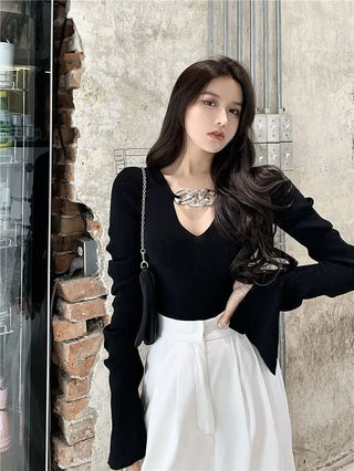 Women's Long Sleeve Black Croptop Knitted Sweater Sexy Party Slim Shirt Cropped Tops Korean Fashion Elegant Office Ladies ALODIA STORE
