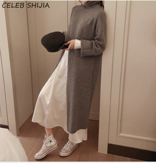Turtleneck Knitting Dress for Woman Apricot Chic Full-sleeve Vintage ALODIA STORE