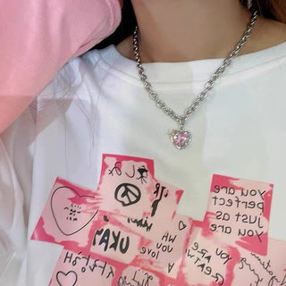 Y2K Accessories Fashion Peach Heart Water Drop Pendant Necklace Pink Crystal Egirl Sweet Cool Clavicle Chain Aesthetic Jewelry ALODIA STORE