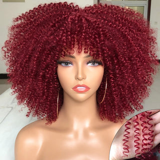 Short Afro Kinky Curly Wig With Bangs For Black Women Cosplay Lolita Natural Hair Ombre Mixed Brown Synthetic African Wigs ALODIA STORE