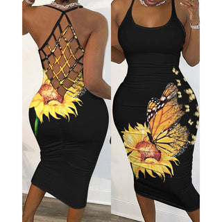 2023 Women Butterfly Sunflower Print Fishnet Backless Bodycon Dress Ninimour Sleeveless Mini Bodycon Sexy Robes Womens Clothings ALODIA STORE