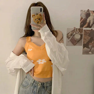 Ropa De Mujer Vintage Croptop Knitted Tank Streetwear Crop Cami Y2k Summer Fashion Halter Harajuku Embroidery Korean Green Top ALODIA STORE