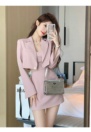Autumn Pink Two Piece Dress Set Women Blazer Coat+Strap Dress Set Female Casual Korean Fashion ALODIA STORE