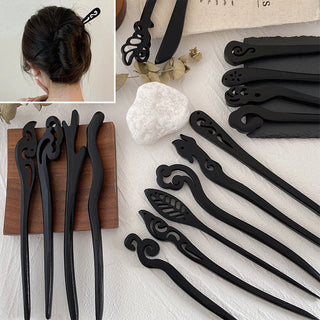 Traditional Wooden Black Hair Sticks Chinese Style Hairpins Carved Wood Hair Fork Vintage Chop Stick Headwear For Women Jewelry Alodia Store