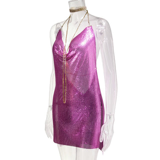 Sexy Backless y2k Metal Party Summer Dress Women Beach Night club Mini slip dress Glitter Sequin ladies Dresses Vestidos HL ALODIA STORE