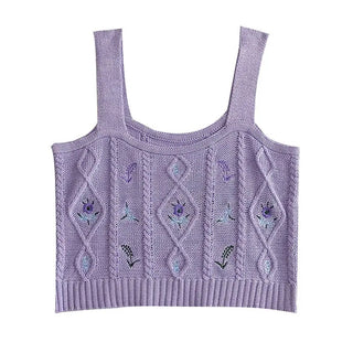 Flowers Embroidery Suspender Korean V-Neck Knitting Sweet Elastic Vintage Students Cute Summer Women Knot CropTops ALODIA STORE