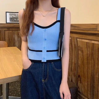 Fashion Summer Halter Off Shoulder Knitted Korean Sport Tank Crop Ribber Y2k Ropa De Mujer Croptop Cami Button Patchwork Ins Top ALODIA STORE