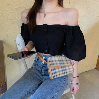 Off Shoulder Woman Tshirts French Puff Sleeve Short Croptop Korean Belly Button Exposed Sexy Shirt Summer Vintage Soild Y2k Tops ALODIA STORE