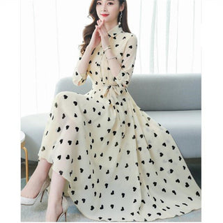 2023 Korean summer new stand-up collar seven-point sleeves temperament chiffon floral big swing dress women ALODIA STORE